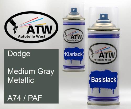 Dodge, Medium Gray Metallic, A74 / PAF: 400ml Sprühdose + 400ml Klarlack - Set, von ATW Autoteile West.